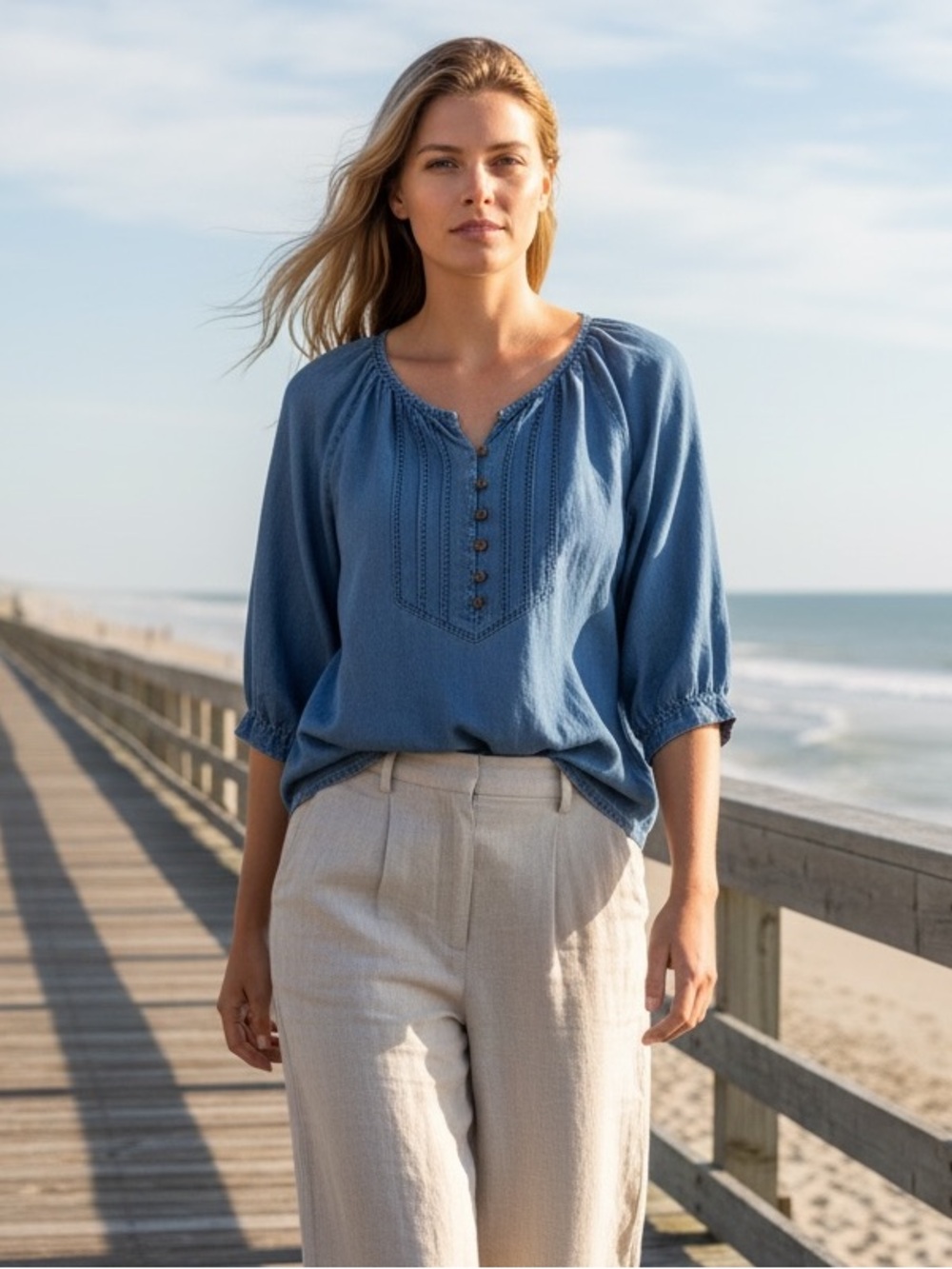 SOFT SURROUNDINGS CHAMBRAY PEASANT TOP TUNIC VINTAGE BUTTONS SIZE SMALL